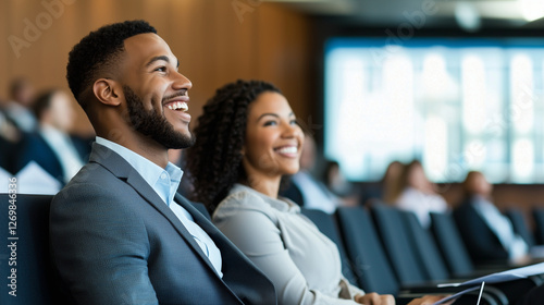 Businessman Laughing in Modern Auditorium During Seminar photo