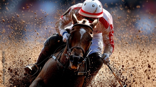 Jockey and horse in intense race, dirt flying.