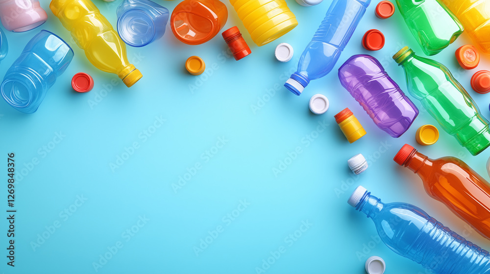 Naklejka premium Recyclable plastic bottles and caps arranged creatively on a vibrant blue background for environmental awareness