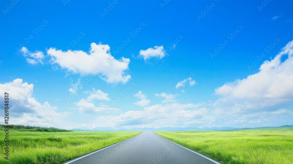 Long road stretches through green fields under blue sky with clouds Long road stretches through green fields under blue sky with clouds