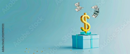Golden dollar sign emerges from a blue gift box with flying cash