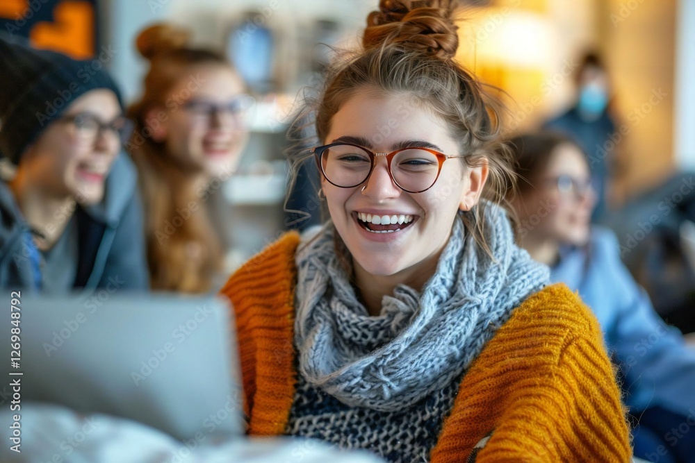 Young woman sitting on bed and shopping online, laughing with friends who are wearing eyeglasses. Young woman sitting on bed and shopping online, laughing with friends who are wearing eyeglasses.