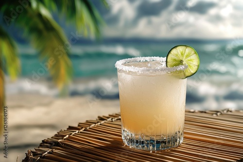 Fototapeta Naklejka Na Ścianę i Meble -  A refreshing margarita cocktail with lime on a tropical beach setting, perfect for vacation, with palm trees and ocean waves in the background, under the sunny skies.