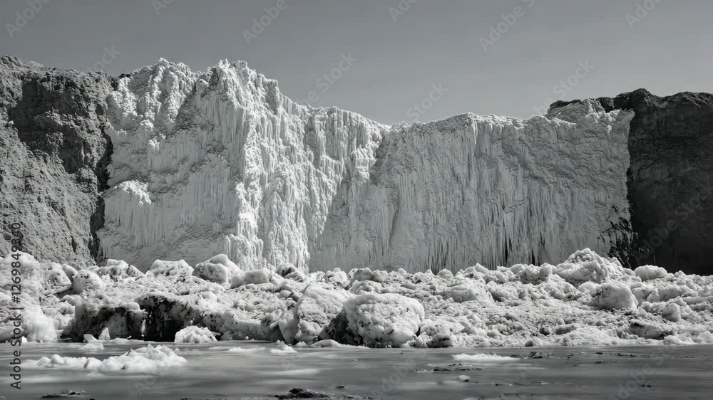 Ice formations and glaciers emerge at the shoreline of a frozen river under a clear sky during winter