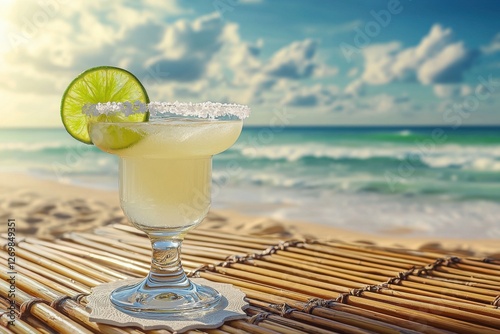 Fototapeta Naklejka Na Ścianę i Meble -  A delicious margarita with a lime garnish on a beach overlooking ocean waves and sky, perfect for relaxation, and enjoy a beautiful sunset and a tropical vacation.
