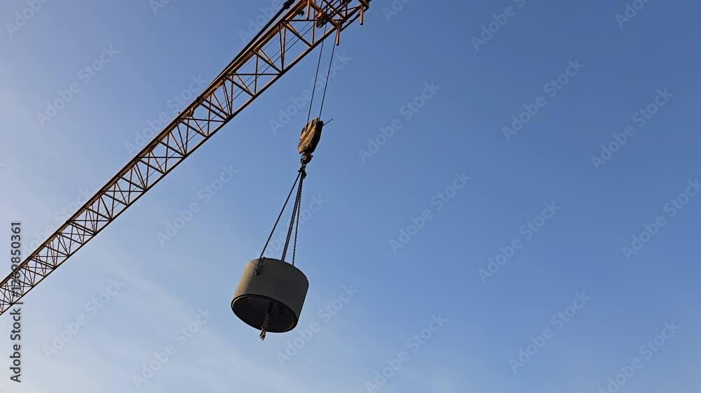 The tower crane slowly and confidently lifts the massive concrete ring. The ring is moved to the storage warehouse, the cargo hangs on strong cables while the crane carefully moves The tower crane slowly and confidently lifts the massive concrete ring. The ring is moved to the storage warehouse, the cargo hangs on strong cables while the crane carefully moves