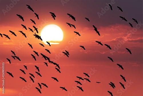 Photography birds flying in the sunset