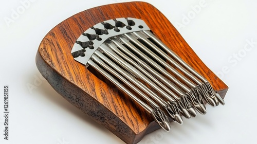 Wooden kalimba with metal tines isolated on a white background with a close up of its textured surface photo