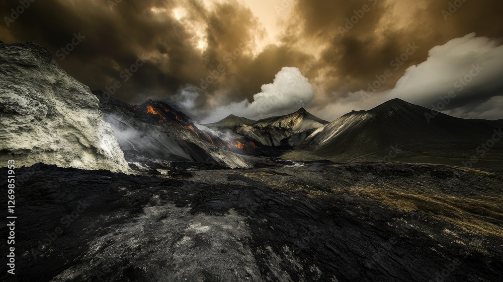 Fototapeta premium Awe-Inspiring Volcanic Landscape Under Dramatic Skies. A Stunning View of Fiery Mountains and Dark Volcanic Rocks. Nature's Raw Power. Majestic Volcanic Terrain. Epic Volcanic Scenery.