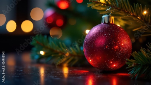 christmas greeting card with christmas tree ball and lights in neon lights, garland lights on festive background