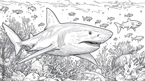 Fototapeta Naklejka Na Ścianę i Meble -  Large shark swimming over coral reef with smaller fish