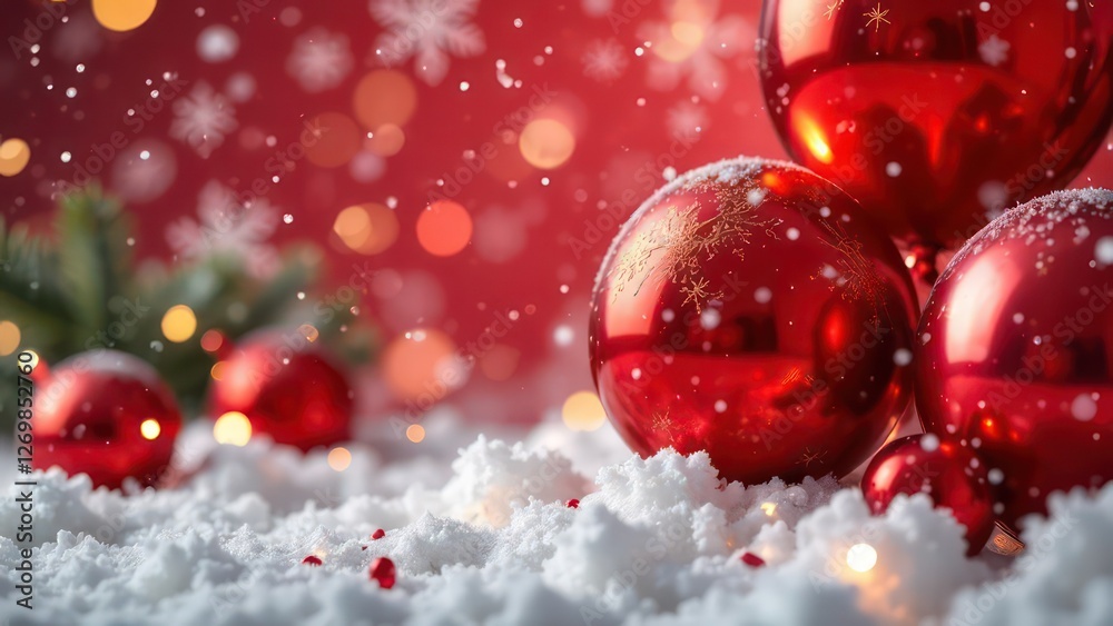 red christmas balls in snowy festive background, christmas greeting card
