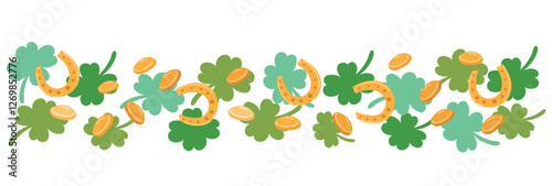 Pattern of green clover leaves, golden horseshoes and coins in trendy retro style. Festive decoration for Irish St. Patrick's Day. Vector frame or border isolated on transparent background.
