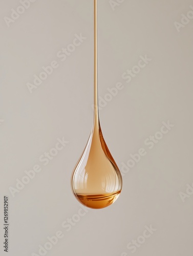 Golden Oil Drop with Smooth Reflection – Macro Close-Up on Light Background