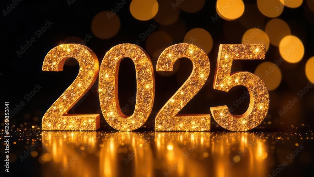 golden glittering 2025 text on dark festive background, greeting card, christmas and new year celebration golden glittering 2025 text on dark festive background, greeting card, christmas and new year celebration