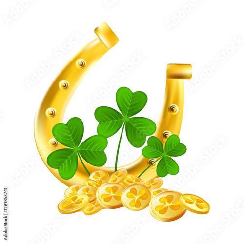 Realistic Gold Lucky Horseshoe vector icon. St. Patrick tradition