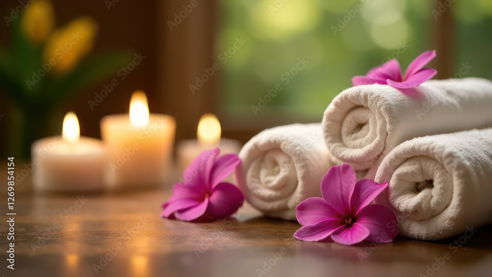 luxurious spa background with candles, rolled towels, and flowers, serene atmosphere for relaxation and wellness luxurious spa background with candles, rolled towels, and flowers, serene atmosphere for relaxation and wellness