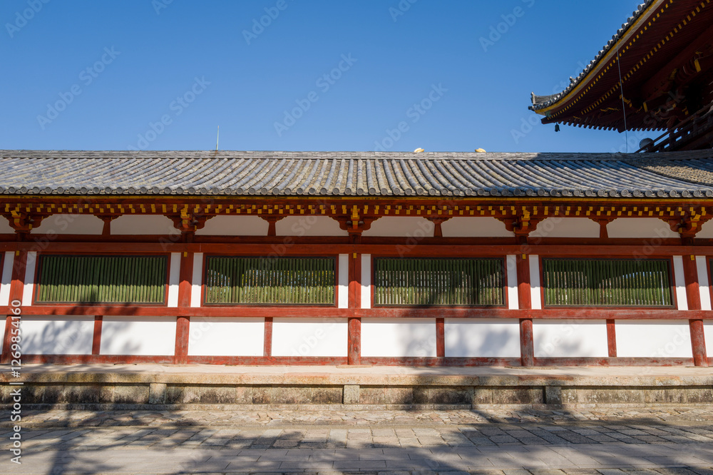 Naklejka premium The wall of Todai-ji in Nara in Asia, Japan, Kansai, Nara, in summer, on a sunny day.