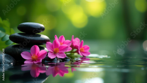 spa background stones and candles , water, flowers and steam, natural light, tranquil atmosphere for relaxation and meditation, spa retreats, wellness centers