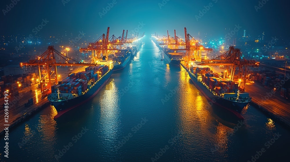 Night View of a Busy Port with Large Container Ships and Active Cranes, Highlighting the Scale and Activity of Global Trade (Logistics, Shipping, Port, Night) Night View of a Busy Port with Large Container Ships and Active Cranes, Highlighting the Scale and Activity of Global Trade (Logistics, Shipping, Port, Night)