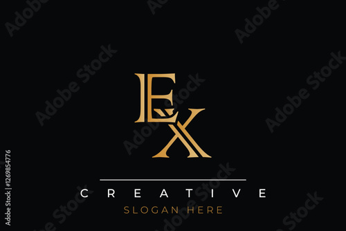 Sophisticated gold EX monogram logo on a sleek black background, ideal for branding, creative design, and luxurious themes.