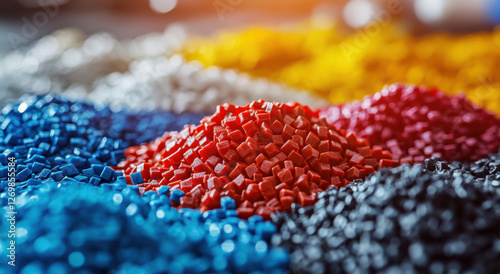 Close-up view of vibrant plastic granules organized in various colors, ready for manufacturing processes in an industrial environment