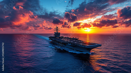 Panoramic view of a military aircraft carrier in action with powerful backlight, symbolizing strength, innovation, and modern naval operations photo