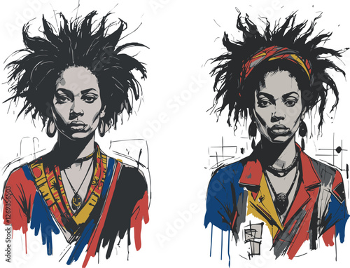 "Expressive Sketch of a Black Woman with Bold Colors and Abstract Shapes"