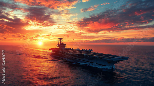 Panoramic view of a military aircraft carrier in action with powerful backlight, symbolizing strength, innovation, and modern naval operations photo