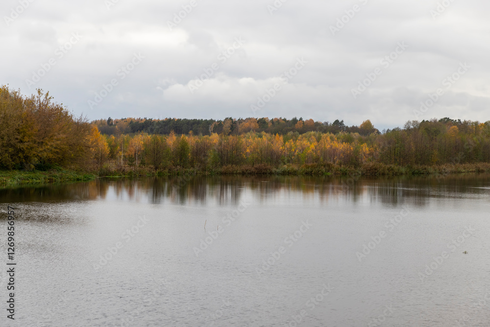 Fototapeta premium autumn landscape in cloudy weather with a lake and deciduous trees