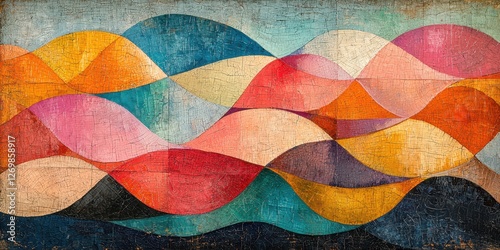 A vibrant abstract design featuring flowing waves of color in shades of blue, orange, pink, and green, creating a rhythmic visual harmony.