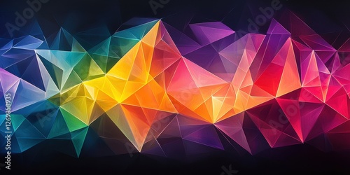 A vibrant, abstract design featuring colorful triangles and sharp angles, creating a dynamic and energetic visual effect.