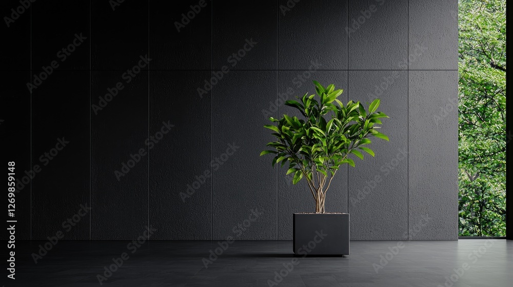 Fototapeta premium Modern plant in dark room with outdoor view. Possible use Interior design, architectural visualization