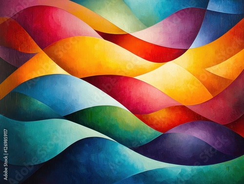A vibrant abstract artwork featuring flowing waves of colors blending harmoniously, creating a dynamic and energetic visual experience.