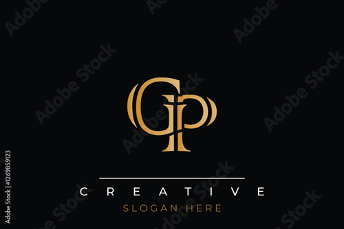 Sophisticated gold GP monogram logo on a sleek black background, ideal for branding, creative design, and luxurious themes.