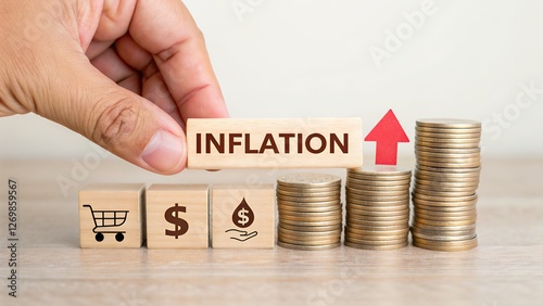 World economics, Hand putting wooden cube and inflation word a on coins in idea for FED consider interest rate hike, world economics, and inflation control, US dollar inflation.