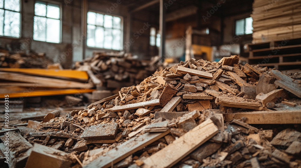Pile of rubble and debris on top of a wooden house roof, symbolizing destruction and reconstruction, with broken windows showcasing the fragility of modern architecture and the passage of time Pile of rubble and debris on top of a wooden house roof, symbolizing destruction and reconstruction, with broken windows showcasing the fragility of modern architecture and the passage of time