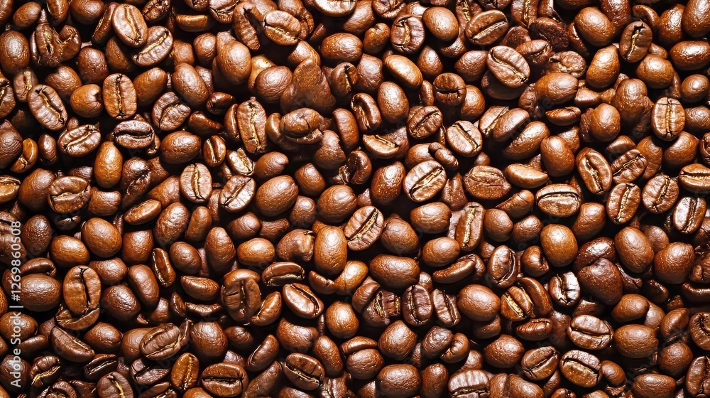 Fototapeta premium Roasted Coffee Beans A Full Frame, Overhead View of Aromatic Coffee Beans With Sharp Focus