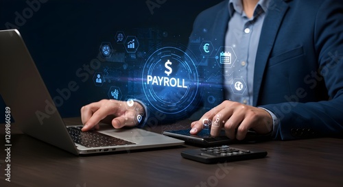 A professional calculating payroll using a laptop and calculator, with digital icons representing finance and payments in the background. photo