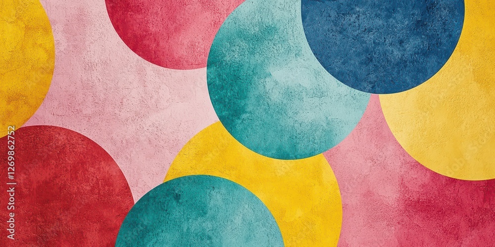 A colorful abstract design featuring overlapping circles in various hues of green, yellow, red, and blue on a textured background. A colorful abstract design featuring overlapping circles in various hues of green, yellow, red, and blue on a textured background.
