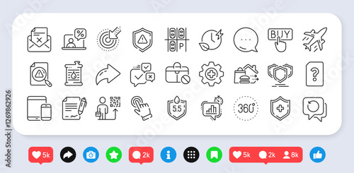 Reject letter, Unknown file and Statistics timer line icons pack. Social media: share, comment, like icons. Leadership, Search document, Ph neutral web icon. Vector