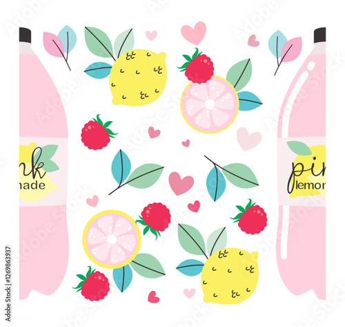Scrapbook, fundo, patterns, padrão de repetição, estampa, verão, refrigerante, pink lemonade, amora, limão