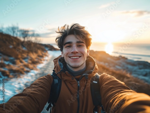 Selfie di un giovane turista che esplora la città con entusiasmo. Un mix di moda, felicità e avventura urbana sotto il sole estivo.