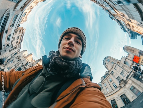 Selfie di un giovane turista che esplora la città con entusiasmo. Un mix di moda, felicità e avventura urbana sotto il sole estivo.