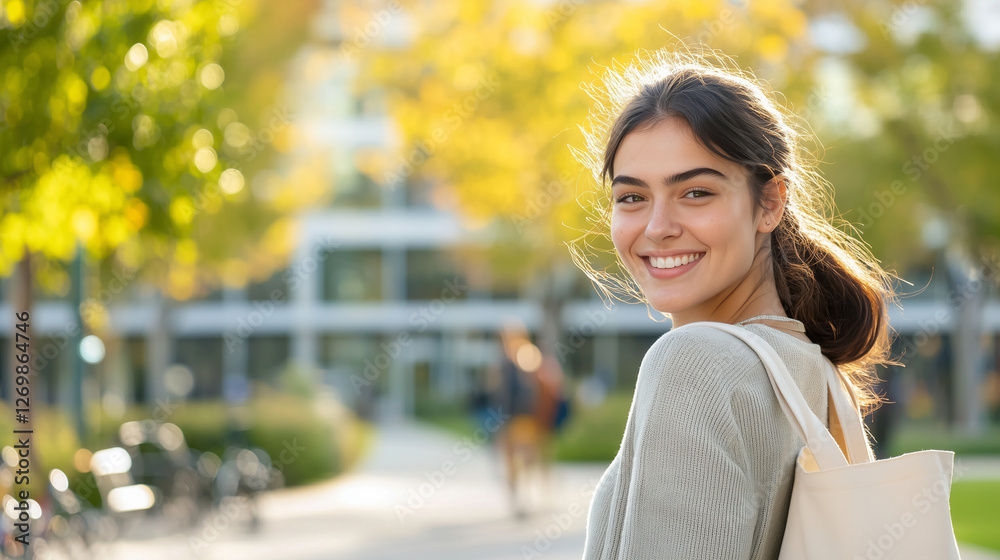 Confident woman with tote bag on vibrant college campus Confident woman with tote bag on vibrant college campus
