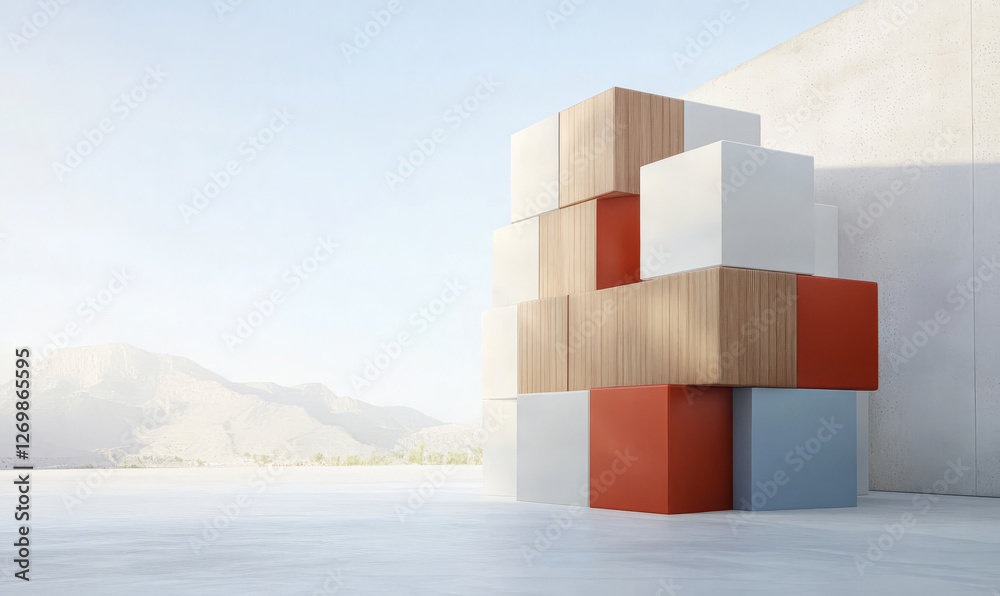 Modern architecture with colorful building blocks in a serene outdoor setting Modern architecture with colorful building blocks in a serene outdoor setting
