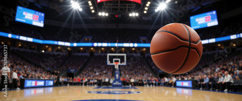 Basketball soaring in mid-air during an exciting March Madness game with a crowded arena and bright lights in the background