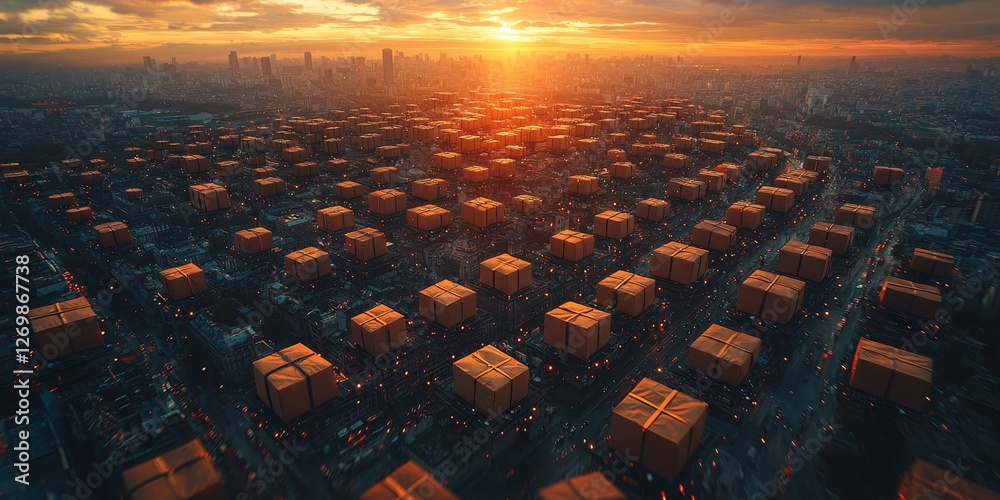 Fototapeta premium Smart Drone Delivery System in Action Over a Modern Metropolis 