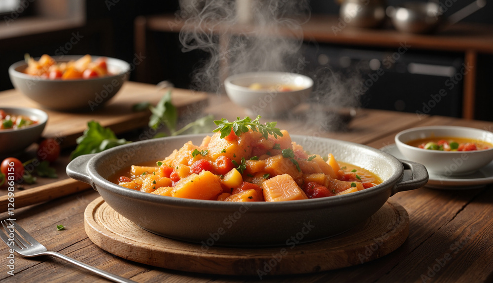 Steaming Finnish salmon soup on wooden table, cozy kitchen atmosphere Steaming Finnish salmon soup on wooden table, cozy kitchen atmosphere