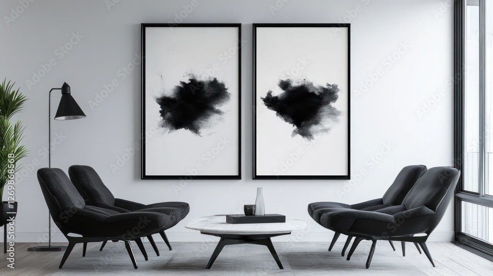 Fototapeta premium Minimalist living room with black chairs and abstract art paintings